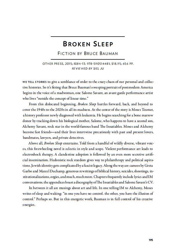 Review of Broken Sleep by Bruce Bauman in The Los Angeles Review by Siel Ju